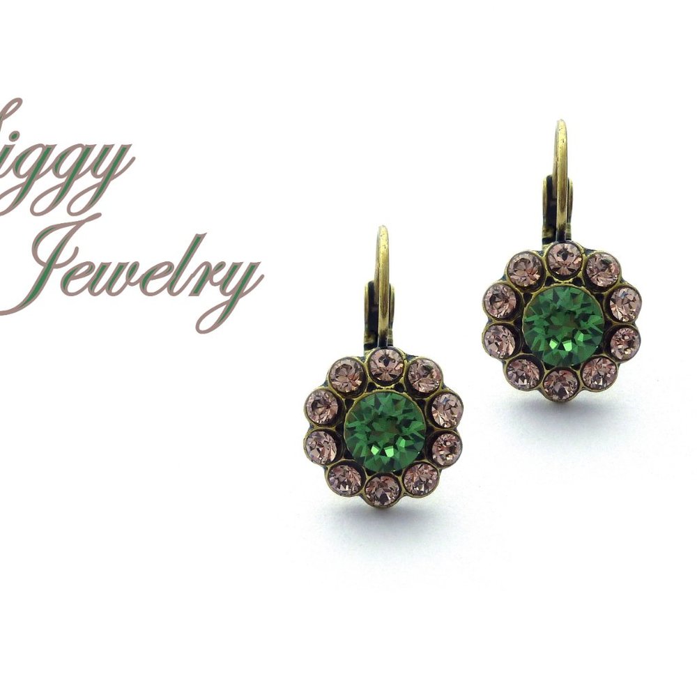 Swarovski Crystal Erinite and Vintage Rose Daisy Flower Drop Earrings